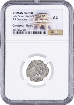 Julia Soaemias Silver AR Denarius NGC-Graded Ancient Coin - NGC AU - From the Colosseum Hoard